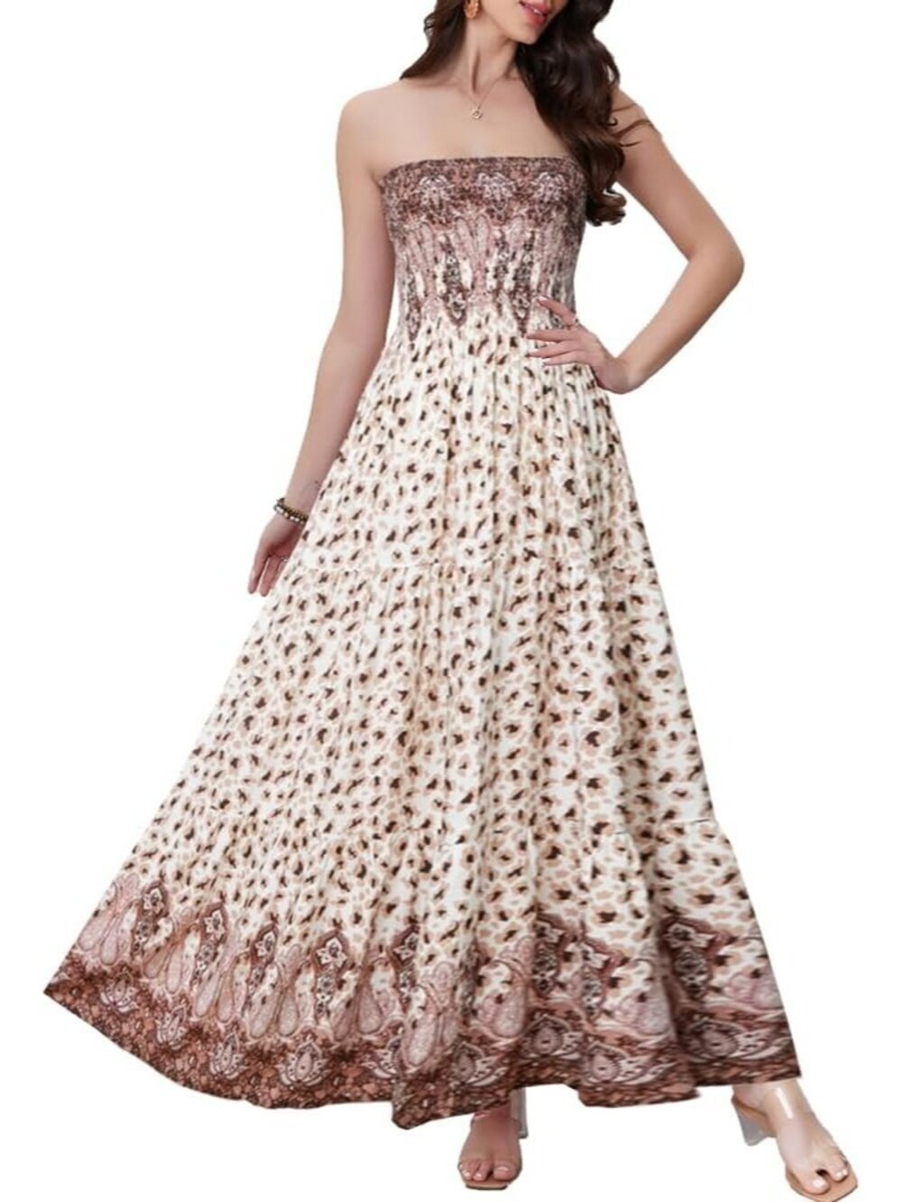 Women's Brown Retro Pattern Tube Top Off Shoulder Boho Beach Long Maxi Dress